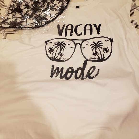 SHEIN Other - 3pcs Set. White 'Vacay Mode' Tank Top with Palm Tree Print Shorts plus Hat